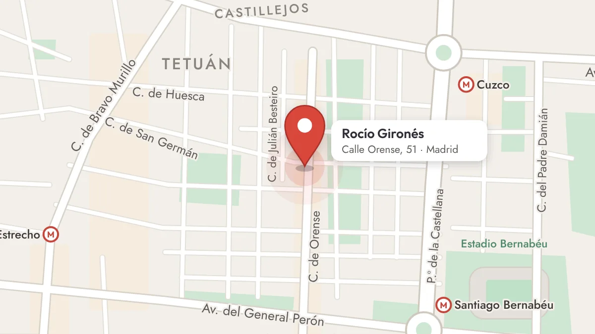Mapa ilustrado de la zona: la consulta está en Calle Orense, 51, entre las calles Julián Besteiro y Paseo de la Castellana, cerca del metro Cuzco y del Estadio Santiago Bernabéu